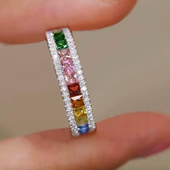 14k White Gold Diamond Rainbow Gemstones Diamond Ring Band - Picture 3 of 4